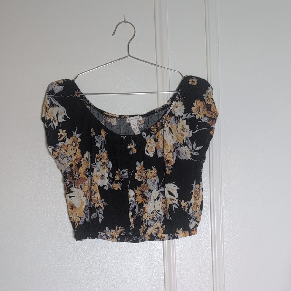 Ambiance Black Floral Scoop Crop Top with Yellow Accents